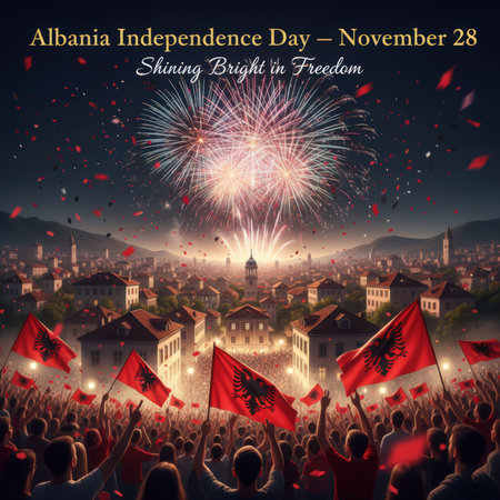 This image depicts a joyous celebration of Albania Independence Day on November 28th. A massive crowd of people, many waving Albanian flags, are gathered together, looking up at a brilliant fireworks display illuminating the night sky. The scene is set over a city skyline filled with buildings and houses, creating a festive and expansive atmosphere. The red and black Albanian flags are a prominent visual element, symbolizing national pride and the spirit of freedom.の素材
