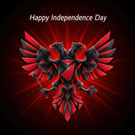 An abstract and geometric illustration celebrates Albania's Independence Day. A striking red and black double-headed eagle emblem, the national symbol of Albania, is depicted with outstretched wings and sharp, angular features. The emblem is set against a dark background with radiating red light and glowing particles, conveying a sense of power and intensity. The text "Happy Independence Day" is visible at the top.の素材