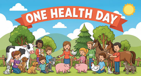 This cheerful cartoon illustration visualizes the concept of One Health Day, showcasing a diverse group of children and adults happily interacting with various farm animals in a pastoral setting. A cow, horses, pigs, chickens, dogs, and rabbits are present alongside lush trees, green fields, and a rustic fence under a bright sun. The scene promotes the interconnectedness of human, animal, and environmental health.の素材