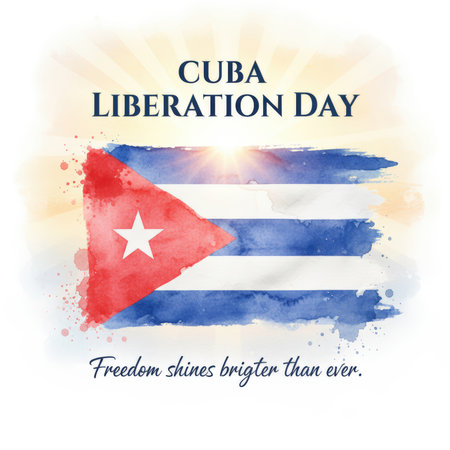 This image features a watercolor rendition of the Cuban flag for Liberation Day on January 1st. The flag is depicted with artistic brush strokes and paint splashes in red, white, and blue, with a prominent white star. A sunburst emanates from behind the flag, casting a warm glow. The text "CUBA LIBERATION DAY" is displayed above, and an inspiring quote "Freedom shines brighter than ever." is written below in a script font. The background is white, giving it a clean and artistic feel.の素材