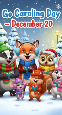 A charming cartoon illustration depicts a group of adorable woodland animals dressed in winter attire, singing carols. A fox, owl, rabbit, squirrel, mouse, and badger are gathered together in a snowy forest setting, wearing scarves and hats. Snowflakes are falling, and snow-covered trees and a lamppost add to the festive winter atmosphere. The text "Go Caroling Day - December 20" is prominently displayed.の素材