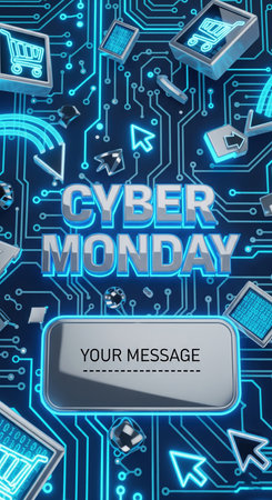 This image showcases a futuristic digital theme for Cyber Monday. A detailed blue circuit board forms the background, with glowing neon lines and binary code elements. Various digital icons, including shopping carts, cursors, and computer screens displaying binary data, are scattered throughout. A prominent metallic frame with the text "YOUR MESSAGE" is centrally placed, offering space for promotional text.の素材