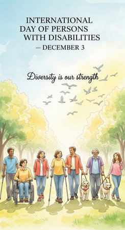 A watercolor-style illustration depicts a diverse group of people walking together in a park on a sunny day. The group includes individuals using a wheelchair, crutches, and a guide dog, symbolizing inclusivity and diversity. Birds fly in the sky above lush trees and a pathway. The text reads "INTERNATIONAL DAY OF PERSONS WITH DISABILITIES - DECEMBER 3" and "Diversity is our strength".の素材