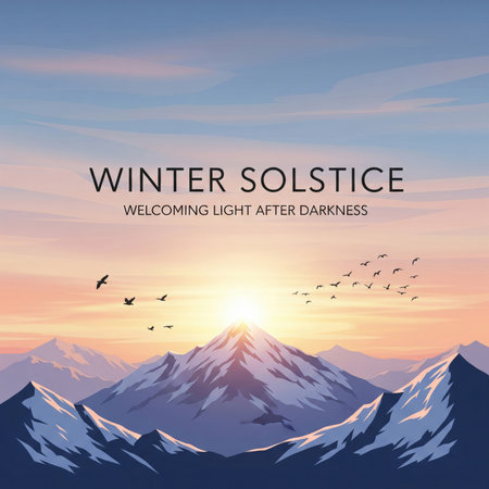 A breathtaking landscape illustration of snow-capped mountains bathed in the warm glow of a sunrise or sunset. The sky is a gradient of soft pinks, oranges, and blues with wispy clouds. A flock of birds flies across the sky towards the sun, which is just cresting behind the highest peak. The text "WINTER SOLSTICE" is centered above the mountains, with the subtitle "WELCOMING LIGHT AFTER DARKNESS" below it.の素材