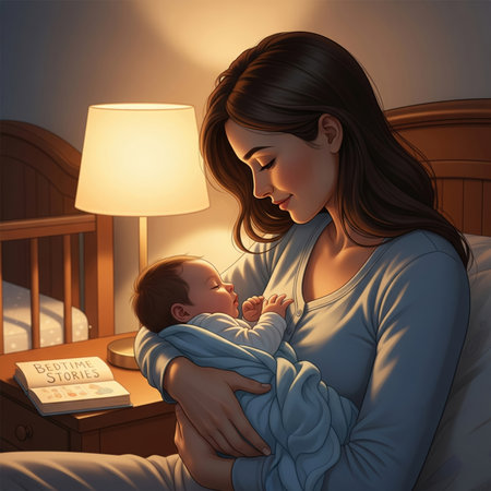 A tender moment captured as a mother lovingly holds her sleeping infant. The scene is set in a dimly lit nursery, with a warm glow emanating from a bedside lamp. The mother's face is illuminated, showing a gentle smile as she gazes at her child. The baby is swaddled in a soft blue blanket, appearing peaceful and content. A book titled "Bedtime Stories" rests on the nightstand next to the lamp, adding to the cozy atmosphere. The background features a wooden crib, suggesting a safe and...の素材