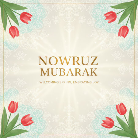 A clean and elegant design for Nowruz Mubarak. The central focus is the text "NOWRUZ MUBARAK" in a golden, serif font, with the subtitle "WELCOMING SPRING, EMBRACING JOY" below it. The background is a soft, luminous beige with a subtle, intricate mandala-like pattern in a lighter tone. A thin gold border frames the entire image. In each of the four corners, a single red tulip with green leaves is placed, adding a touch of spring color without overwhelming the minimalist aesthetic.の素材