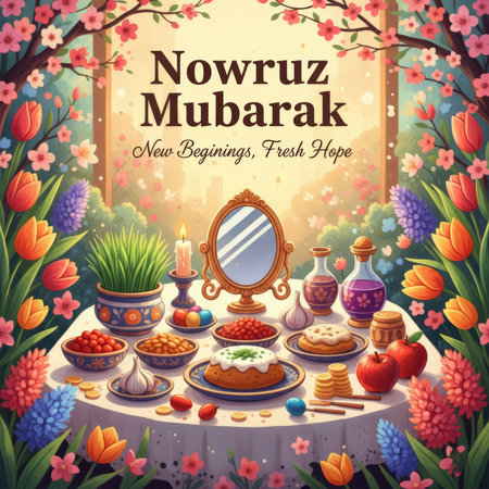 A beautifully arranged Haft-Seen table is set for Nowruz, the Persian New Year. The table is laden with symbolic items including sabzeh (sprouts), samanu, senjed, serkeh, seer, sumac, apples, a mirror, and a candle. The scene is framed by an abundance of colorful spring flowers like tulips and hyacinths, conveying a message of new beginnings and fresh hope.の素材