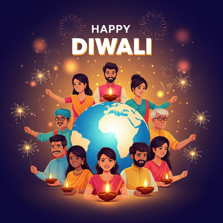 This festive illustration depicts people of diverse backgrounds celebrating Diwali, the festival of lights, around a glowing Earth. They are holding traditional diyas (oil lamps) and sparklers, with fireworks illuminating the night sky. The image conveys a sense of global unity and shared joy during this significant cultural and religious celebration.の素材