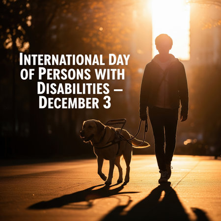 A person walks with a guide dog on a city street during golden hour. The sun casts long shadows and a warm glow, creating a silhouette effect. Text on the image reads "INTERNATIONAL DAY OF PERSONS WITH DISABILITIES - DECEMBER 3". The image promotes awareness and inclusion for people with disabilities.の素材
