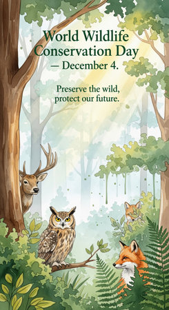 A vertical watercolor illustration for World Wildlife Conservation Day depicts a serene forest scene. A deer peeks from behind a tree on the left, an owl perches on a branch in the center, and a fox is partially hidden among ferns on the right. Sunlight streams through the trees, illuminating the lush greenery. The text "World Wildlife Conservation Dayの素材
