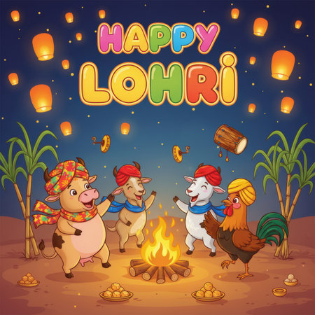 A vibrant cartoon illustration depicts a Lohri festival celebration at night. A bonfire crackles in the center, surrounded by a cow, a goat, and a rooster, all wearing turbans and scarves. Sugarcane stalks stand tall on either side, and plates of sweets are scattered around. Numerous sky lanterns illuminate the dark sky, adding to the festive atmosphere.の素材