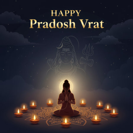 A dark, starry night sky with subtle clouds forms the backdrop. In the foreground, a devotee is seated in a meditative pose with hands folded, illuminated by a bright light emanating from a luminous mandala on the ground. Around the mandala, several diyas (oil lamps) are lit, casting a warm glow. Behind the devotee, a faint, ethereal silhouette of Lord Shiva is visible. The text "HAPPY Pradosh Vrat" is displayed in golden lettering at the top.の素材
