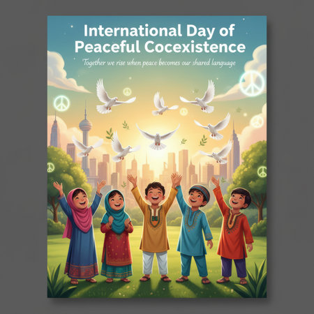 A vibrant illustration depicts a diverse group of children with their arms raised in celebration against a backdrop of a city skyline bathed in warm sunset light. White doves, symbols of peace, fly gracefully in the sky, interspersed with peace symbols. The children, representing different cultures and attire, stand on lush green grass, looking towards the sky with expressions of hope and joy. The text "International Day of Peaceful Coexistence" and a tagline are displayed at the top.の素材