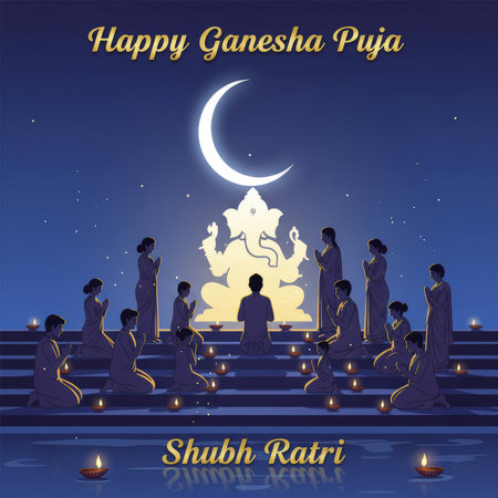 A serene scene depicts devotees gathered for Ganesha Puja at night. Silhouetted figures, including men, women, and children, are seen praying and meditating around a central illuminated silhouette of Lord Ganesha. A prominent crescent moon hangs in the dark sky, and numerous lit diyas (oil lamps) cast a warm glow on the water's surface, creating a spiritual and peaceful ambiance.の素材