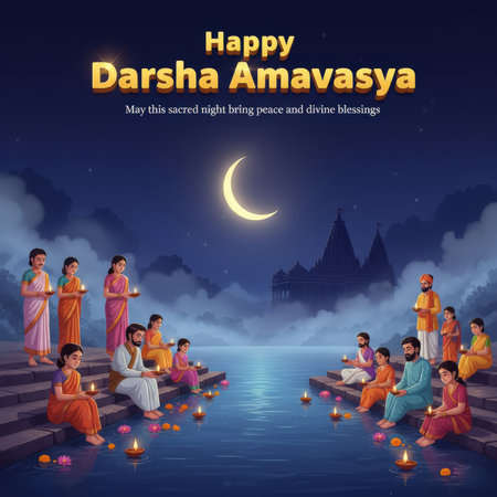 A serene night scene depicting a family celebrating Darsha Amavasya by the water. A crescent moon hangs in the starry sky above silhouetted temples and misty mountains. People of all ages are seated on steps and by the water's edge, holding lit diyas and offering prayers, with the lamps reflecting on the calm surface.の素材