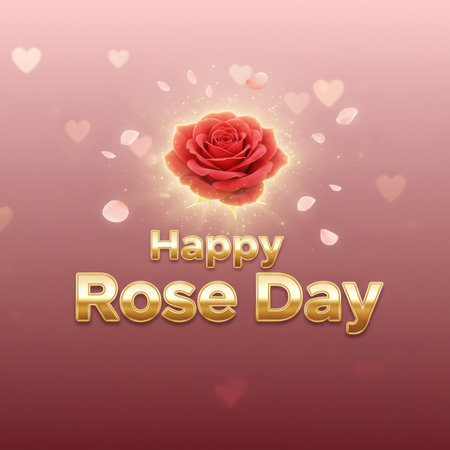 A radiant red rose is the central focus, glowing with light and surrounded by falling petals and soft bokeh hearts against a pink gradient background. The text "Happy Rose Day" is displayed prominently in a golden, 3D font below the rose.の素材