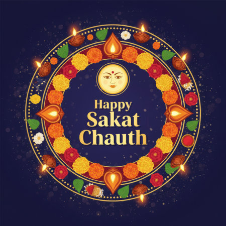 A circular, mandala-like design for Sakat Chauth. The design features a central image of the moon with a human face, surrounded by colorful flowers, green leaves, and lit diyas. The entire arrangement is set against a dark blue, subtly glittering background with bokeh effects.の素材