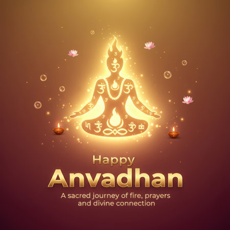 A glowing silhouette of a person in a meditative pose is depicted against a warm, golden-brown background. The silhouette is filled with spiritual symbols, including the Om symbol and flames. Small lotus flowers and bokeh lights float around the figure, and two lit diyas are placed at the bottom corners, casting a warm glow. The text "Happy Anvadhan" and a descriptive subtitle are present.の素材