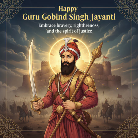 A powerful depiction of Guru Gobind Singh, the tenth Sikh Guru, holding a sword and spear. He is dressed in traditional attire with a red turban and armor, standing before a majestic fortress. In the background, cavalry on horseback and flags suggest a historical battle or procession, symbolizing his role as a spiritual and military leader.の素材