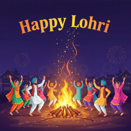 A vibrant illustration depicts a Happy Lohri celebration with a group of men, women, and children dancing joyfully around a large, crackling bonfire. They are dressed in colorful traditional Punjabi attire. The night sky is dark blue, illuminated by the fire's glow and scattered fireworks. The scene conveys a sense of community, warmth, and festive spirit.の素材