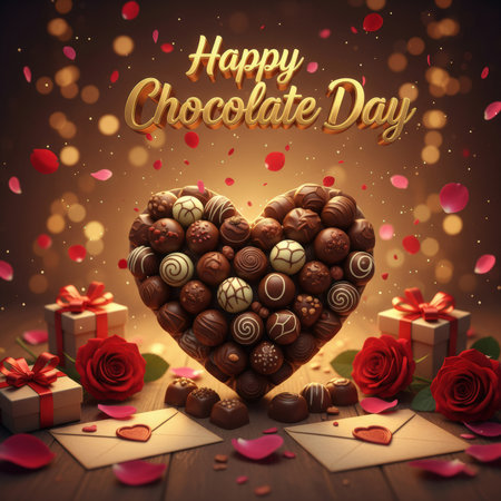 This image is a delightful visual for Chocolate Day. A large heart shape is meticulously formed from a variety of assorted chocolates. In the foreground, several gift boxes tied with red ribbons, red roses, and envelopes with heart seals are arranged on a wooden surface. The background features a warm, blurred bokeh effect with scattered red petals. The text "Happy Chocolate Day" is displayed at the top.の素材