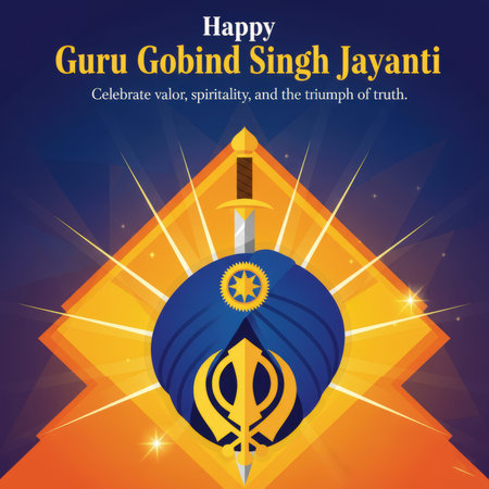 A vibrant graphic celebrating Guru Gobind Singh Jayanti features a central blue turban adorned with a golden Khanda symbol. A shining sword pierces the top of the turban, set against a backdrop of radiating golden light rays and a deep blue, starry sky. The text "Happy Guru Gobind Singh Jayanti" and "Celebrate valor, spirituality, and the triumph of truth" are prominently displayed.の素材