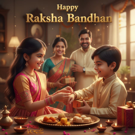 A heartwarming scene depicting a brother and sister celebrating Raksha Bandhan. The sister ties a rakhi on her brother's wrist, while their parents look on with smiles. A table in the foreground is laden with traditional Indian sweets and lit diyas, creating a warm and festive atmosphere. The family is dressed in traditional Indian clothing, and the setting appears to be a cozy indoor space.の素材