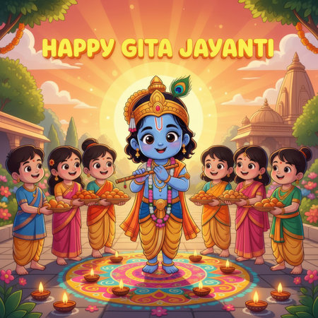 This illustration for Happy Gita Jayanti features a charming depiction of Lord Krishna playing the flute, surrounded by a group of smiling children. The children, dressed in colorful traditional Indian attire, are holding plates of sweets. Lord Krishna is adorned with a peacock feather in his crown. The scene is set in a courtyard with a mandala-like pattern on the ground, lit by numerous diya lamps. Temple architecture and trees are visible in the background under a warm sunset sky.の素材