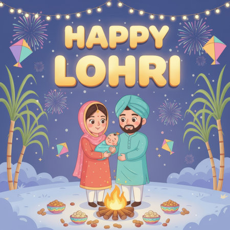 A charming illustration depicting a family celebrating Lohri. A couple, holding their newborn baby, stands near a lively bonfire. The scene is filled with festive elements like kites, fireworks, sugarcane, and bowls of traditional Lohri snacks such as peanuts and sweets. The background features tall sugarcane stalks and a starry night sky, creating a warm and joyful atmosphere for this Punjabi harvest festival.の素材