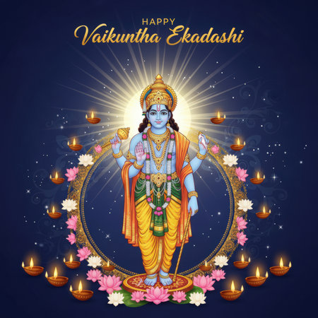 This image celebrates Happy Vaikuntha Ekadashi, featuring a depiction of Lord Vishnu with blue skin, adorned in traditional yellow and green attire and jewelry. He holds his divine attributes. The deity stands on a lotus flower, surrounded by a circular frame of pink lotuses and numerous lit diya lamps, casting a warm glow. The background is a deep blue with sparkling stars and a radiant halo behind Vishnu.の素材
