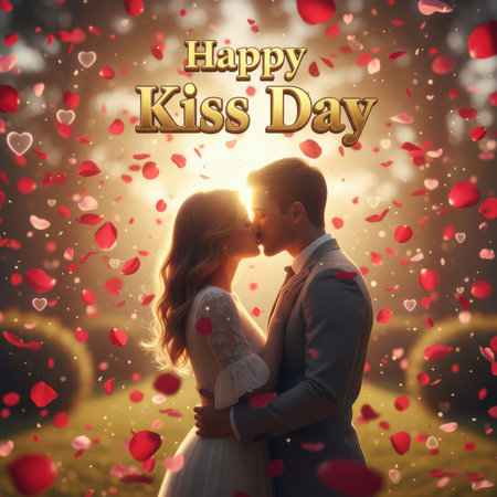 A romantic couple shares a passionate kiss in a sun-drenched outdoor setting. Red rose petals gently fall around them, creating a dreamy and affectionate atmosphere. The warm sunlight filters through the scene, highlighting their embrace and the surrounding bokeh.の素材