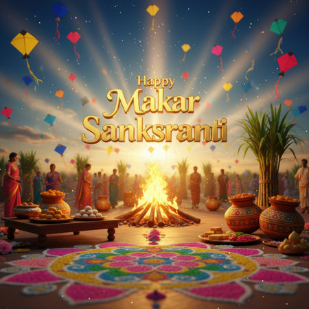 A festive scene for Happy Makar Sankranti unfolds with a large bonfire at its center, surrounded by offerings of food and sweets on a beautifully decorated rangoli. People in traditional attire gather in the background, and colorful kites fill the sky. Rays of sunlight emanate from behind the bonfire, creating a warm and radiant atmosphere. Sugarcane stalks are also visible.の素材