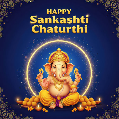 An illustration of Lord Ganesha, the elephant-headed Hindu deity, seated in a cross-legged pose within a glowing golden circle. He is adorned with jewelry and holds his traditional attributes. Surrounding him are platters of modaks (sweet dumplings) and lit diyas (oil lamps), signifying offerings and blessings. The image features a decorative border and a starry blue background, celebrating Sankashti Chaturthi.の素材