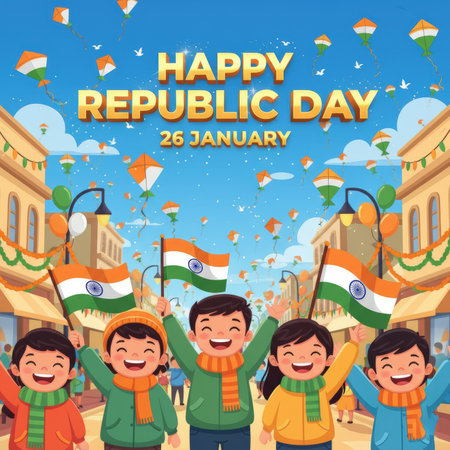 A vibrant cartoon illustration depicts a joyous Republic Day celebration in India. Several happy children with beaming smiles are shown in the foreground, waving Indian flags and wearing festive scarves. The background features a street lined with buildings adorned with garlands and balloons, while numerous kites in the national colors fly in the bright blue sky. The text "HAPPY REPUBLIC DAY 26 JANUARY" is prominently displayed.の素材