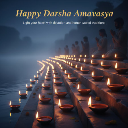Numerous clay diyas with flickering flames are arranged in neat rows on stone steps leading down to a body of water. The scene is set at dusk or night, with the gentle glow of the lamps reflecting on the water's surface. Silhouettes of people are visible in the background, kneeling and praying. The text "Happy Darsha Amavasya" and a tagline are present.の素材