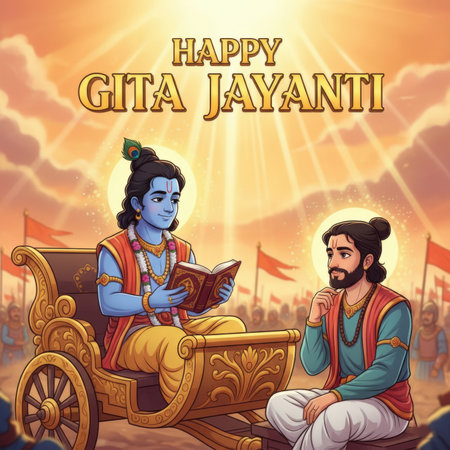 A stylized illustration depicts Lord Krishna, with a peacock feather in his hair, sitting in a golden chariot and holding an open book. He is engaged in a conversation with Arjuna, who is seated beside him, looking thoughtful. The scene is set against a backdrop of a battlefield with soldiers and flags, suggesting the context of the Bhagavad Gita's teachings. The overall mood is one of spiritual guidance and profound wisdom.の素材