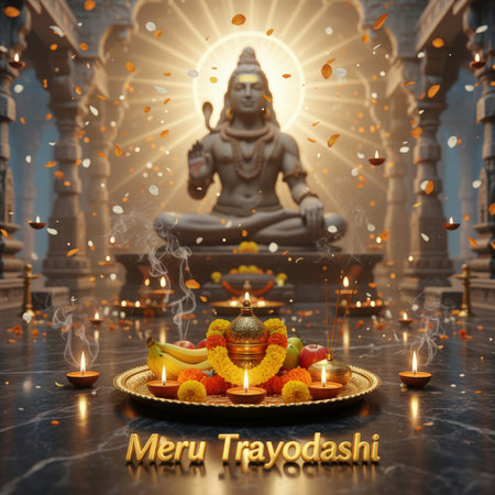 An ornate offering tray filled with fruits like bananas, apples, and oranges, along with marigold flowers and lit diyas, is placed on a dark surface. In the background, a serene statue of Lord Shiva is seated in meditation within a grand temple interior featuring ornate pillars and a glowing halo. Petals and confetti are scattered around, and incense smoke rises.の素材