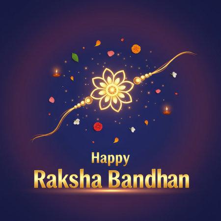 A golden, ornate Rakhi with a floral design is centrally placed, symbolizing the Raksha Bandhan festival. Small lit diyas and scattered colorful petals and confetti add a festive and warm ambiance. The background is a gradient of dark blue and purple with glowing bokeh effects, highlighting the central theme of sibling love and protection.の素材