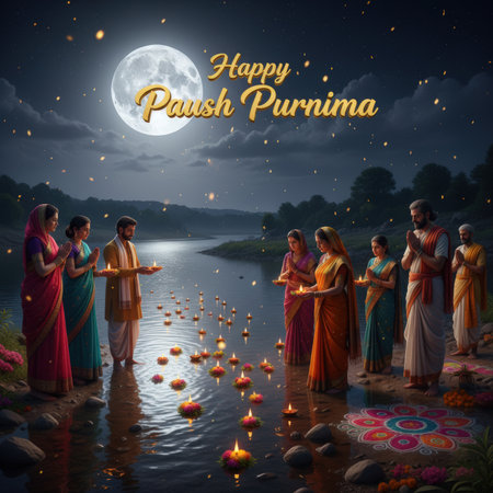 Under a large, luminous full moon, people in traditional Indian attire stand by a serene river, offering lit diyas that float on the water's surface. The scene is illuminated by moonlight and the glow of the lamps, with hints of rangoli patterns on the bank. The text "Happy Paush Purnima" is displayed.の素材