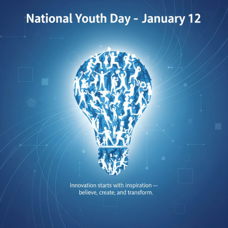 A graphic illustration for National Youth Day, featuring a lightbulb shape filled with numerous blue silhouettes of young people in dynamic poses, jumping and dancing. The lightbulb is set against a blue abstract background with subtle geometric patterns and lines. The text "National Youth Day - January 12" is at the top, and a motivational quote about innovation is at the bottom. The image symbolizes the energy, creativity, and potential of youth.の素材