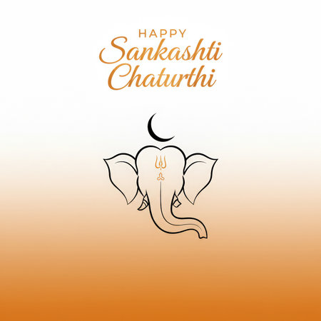 A minimalist graphic for Happy Sankashti Chaturthi features a stylized outline of Lord Ganesha's elephant head. A crescent moon is positioned above the head, and a subtle 'Om' symbol is visible on the forehead. The text "HAPPY Sankashti Chaturthi" is displayed in elegant orange and gold lettering. The background transitions from white at the top to a warm orange gradient at the bottom.の素材