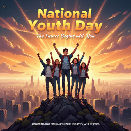 This vibrant illustration celebrates National Youth Day with a diverse group of five young people standing triumphantly on a rocky outcrop overlooking a sprawling city skyline. Their arms are raised in a gesture of celebration and empowerment, bathed in the warm, golden light of a dramatic sunrise or sunset. Rays of light emanate from behind them, illuminating the sky and the city below. The image conveys a message of hope, inspiration, and the bright future that lies ahead, with the tagline...の素材