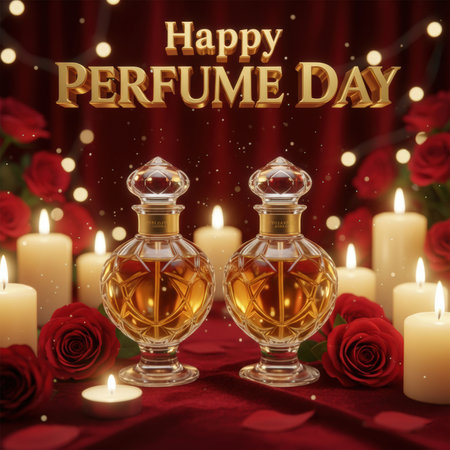Two ornate glass perfume bottles sit on a rich red velvet surface, surrounded by blooming red roses and softly glowing candles. The text "Happy PERFUME DAY" is presented in a bold, golden 3D font, with bokeh lights adding to the festive ambiance.の素材