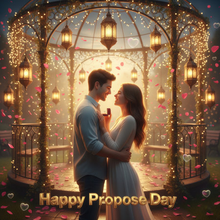 A romantic scene unfolds in a beautifully decorated gazebo, illuminated by numerous fairy lights and hanging lanterns. A man is proposing to a woman, holding out an engagement ring. Pink petals are gently falling around them, creating a dreamy and romantic atmosphere. The couple gazes lovingly at each other, embodying a moment of deep affection and commitment. The text "Happy Propose Day" is displayed at the bottom in a golden, 3D font.の素材