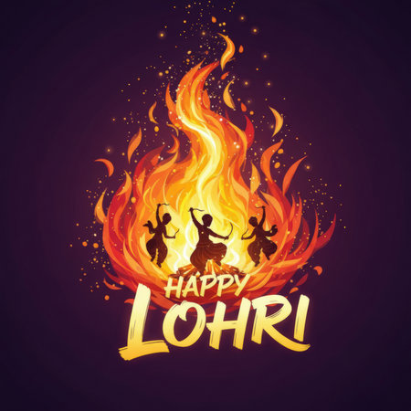 This image features a stylized depiction of the Happy Lohri festival. A large, intense bonfire with dynamic flames dominates the center, surrounded by glowing embers and sparks. Three dancing silhouettes are positioned within the fire's embrace. The text "Happy Lohri" is prominently displayed in a golden, textured font below the fire. The background is a deep, textured purple.の素材