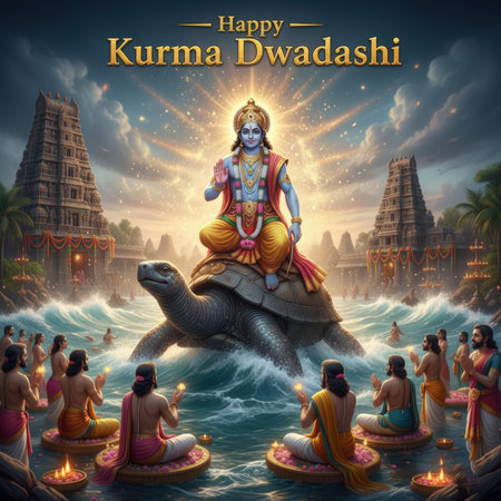 Lord Vishnu, depicted as the Kurma Avatar, sits majestically on the back of a giant turtle in the middle of a swirling ocean. He is adorned in traditional Indian attire and jewelry, radiating a divine glow. Surrounding him, devotees in traditional clothing sit on lotus flowers floating on the water, holding lamps and praying. Elaborate Hindu temples with towering spires are visible in the background, illuminated by festive lights and a radiant sky.の素材