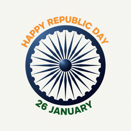This graphic features the text "HAPPY REPUBLIC DAY" in orange and "26 JANUARY" in green, centered around a prominent dark blue Ashoka Chakra. The wheel, a symbol of the Indian flag, has 24 spokes and is set against a clean white background, conveying a sense of national pride and celebration.の素材
