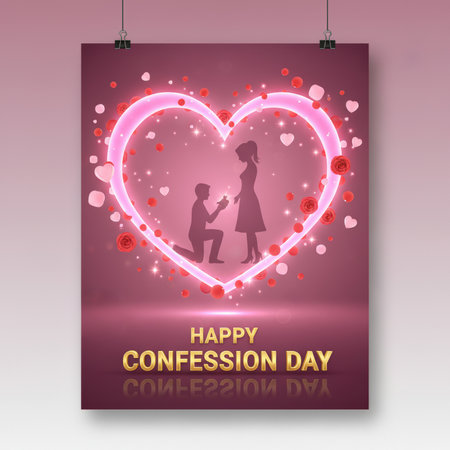 A romantic scene unfolds within a large, glowing pink heart outline, adorned with red roses and falling petals. A silhouetted man is on one knee, proposing to a silhouetted woman. The background is a gradient of pink, with sparkles and soft bokeh effects. The text "HAPPY CONFESSION DAY" is prominently displayed below, with a mirrored reflection.の素材