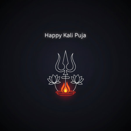 A minimalist graphic representing Kali Puja features a white outline of a trident (Trishul) positioned above a glowing red and orange flame, symbolizing a diya. Two white lotus flowers flank the trident. The design is set against a dark, almost black background, with a subtle neon glow emanating from the flame. The text "Happy Kali Puja" is displayed in white at the top.の素材