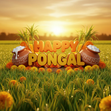 A vibrant "HAPPY PONGAL" text is set amidst a lush green field of rice paddies at sunrise or sunset. Two traditional clay pots, overflowing with milk and adorned with sugarcane stalks and marigolds, flank the text. The scene evokes a sense of harvest, abundance, and festive celebration.の素材